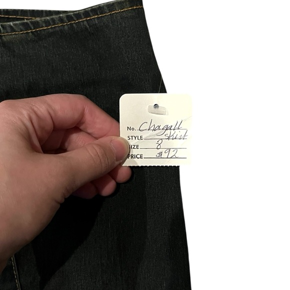 Chagall | Y2K High Waisted Green Tinted Denim Midi Skirt w/ Embroidery & Ruffles - Picture 8 of 8